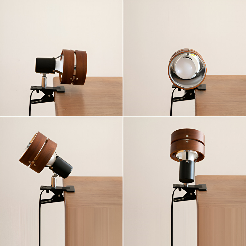 Japanskinspirerad Justerbar Klämma Skrivbordslampa - Rund Trä- och Järn Bordslampa med Akrylskärm