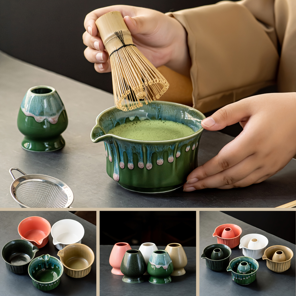 Japanskt Matcha Te Set - 6-delat - Keramisk Matcha Skål, Bambusvisp, Sikt & Sked - Presentset
