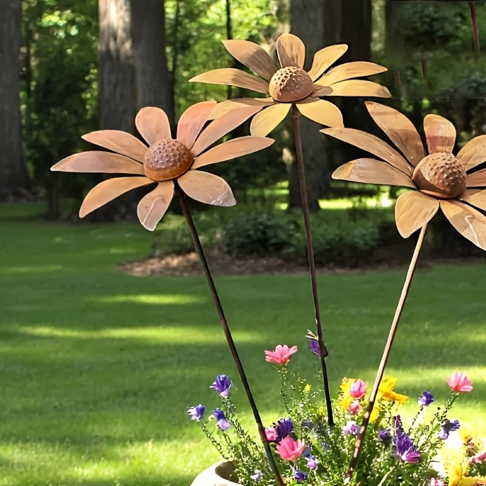 Kamomill Trädgårdspåle Av Metall - Rustik Daisy Trädgårdsfigur 65cm - Väderbeständig Blomsterskulptur Trädgårdsdekoration 2