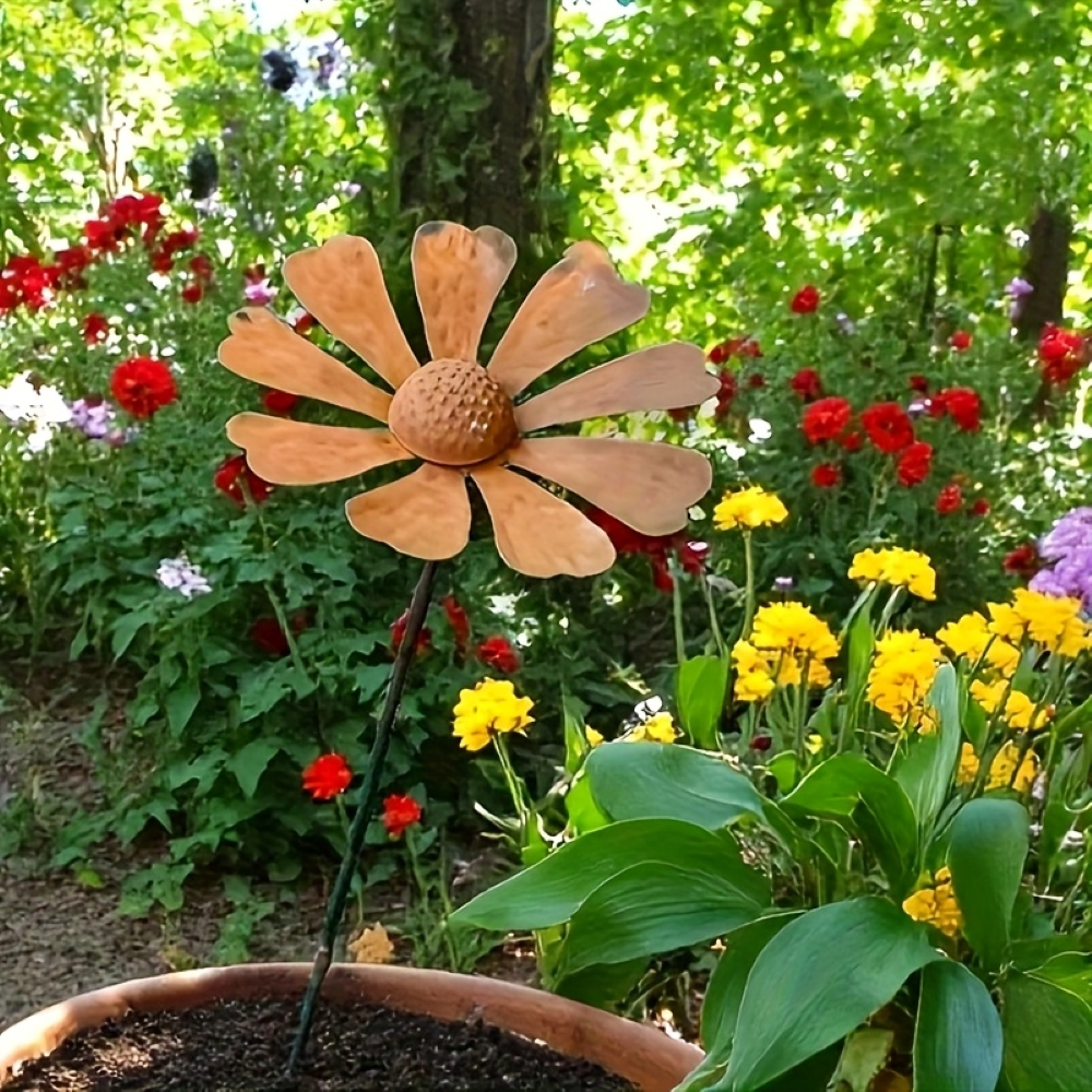 Kamomill Trädgårdspåle Av Metall - Rustik Daisy Trädgårdsfigur 65cm - Väderbeständig Blomsterskulptur Trädgårdsdekoration 3