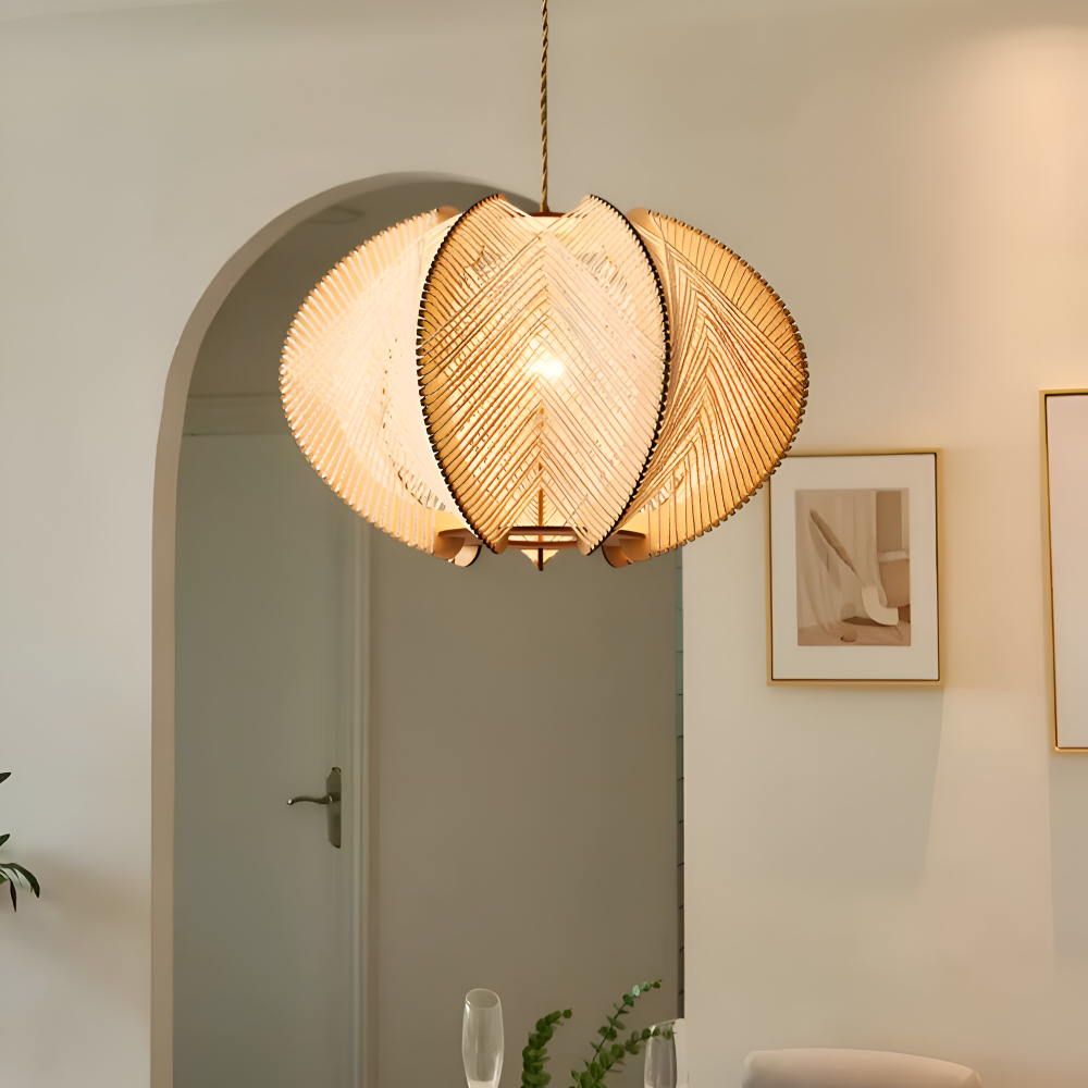 Kirei Pendellampa - Geometrisk Hänglampa av Hampasnöre och Trä - Wabi Sabi Belysning