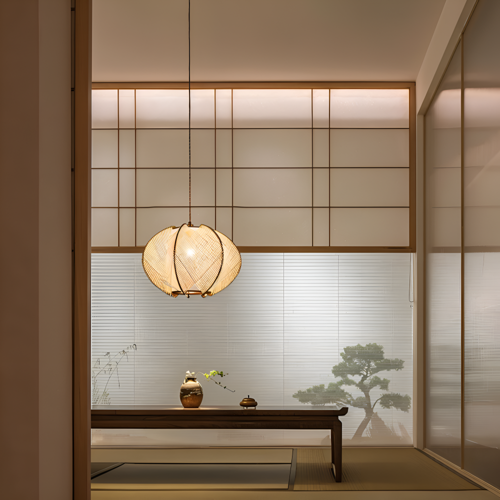 Kirei Pendellampa - Geometrisk Hänglampa av Hampasnöre och Trä - Wabi Sabi Belysning