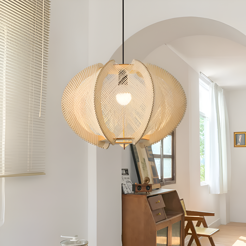 Kirei Pendellampa - Geometrisk Hänglampa av Hampasnöre och Trä - Wabi Sabi Belysning