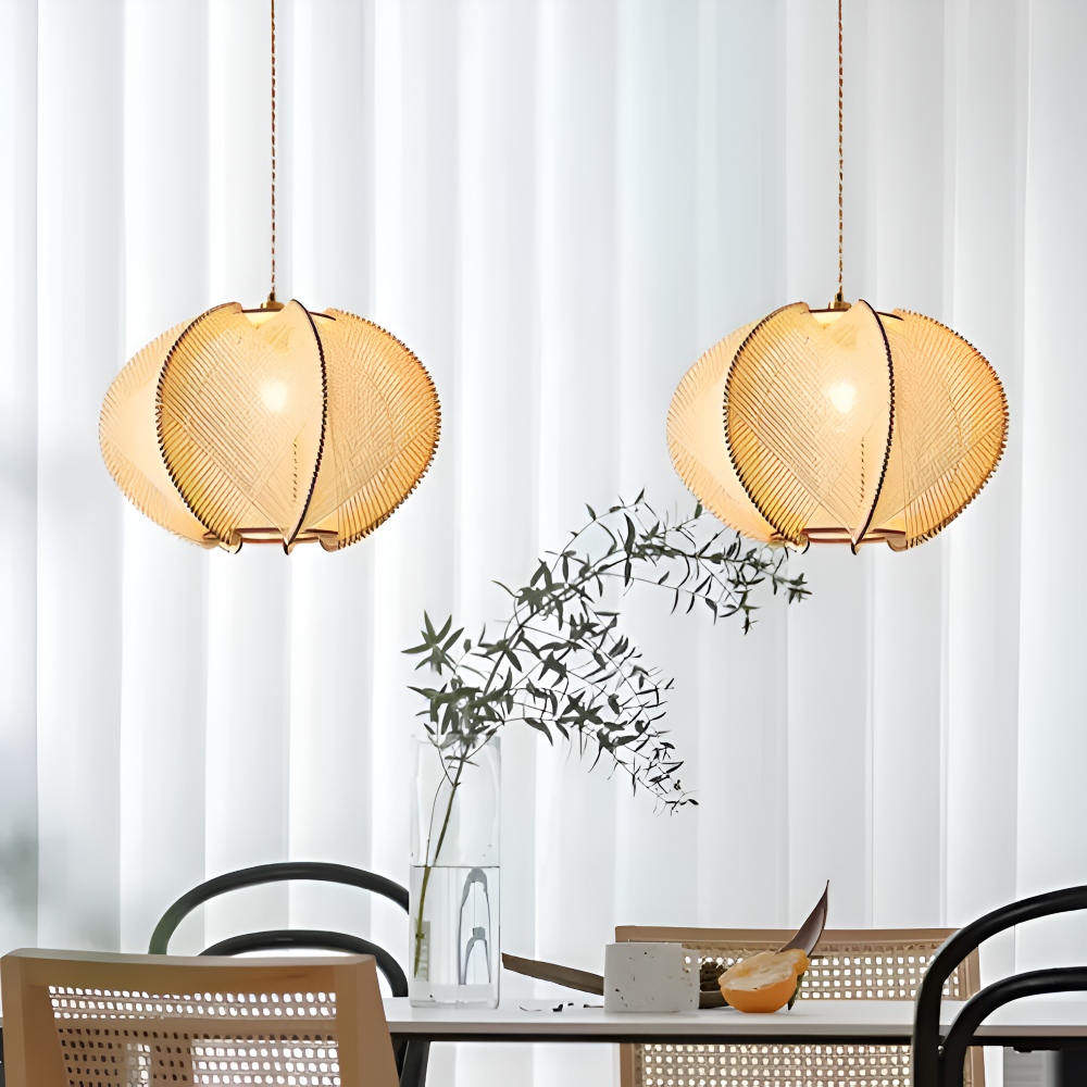 Kirei Pendellampa - Geometrisk Hänglampa av Hampasnöre och Trä - Wabi Sabi Belysning