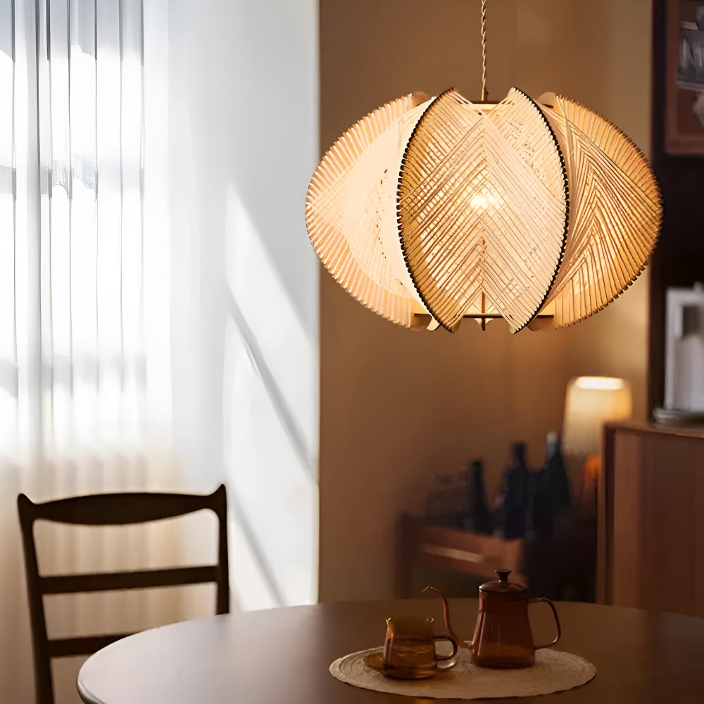 Kirei Pendellampa - Geometrisk Hänglampa av Hampasnöre och Trä - Wabi Sabi Belysning