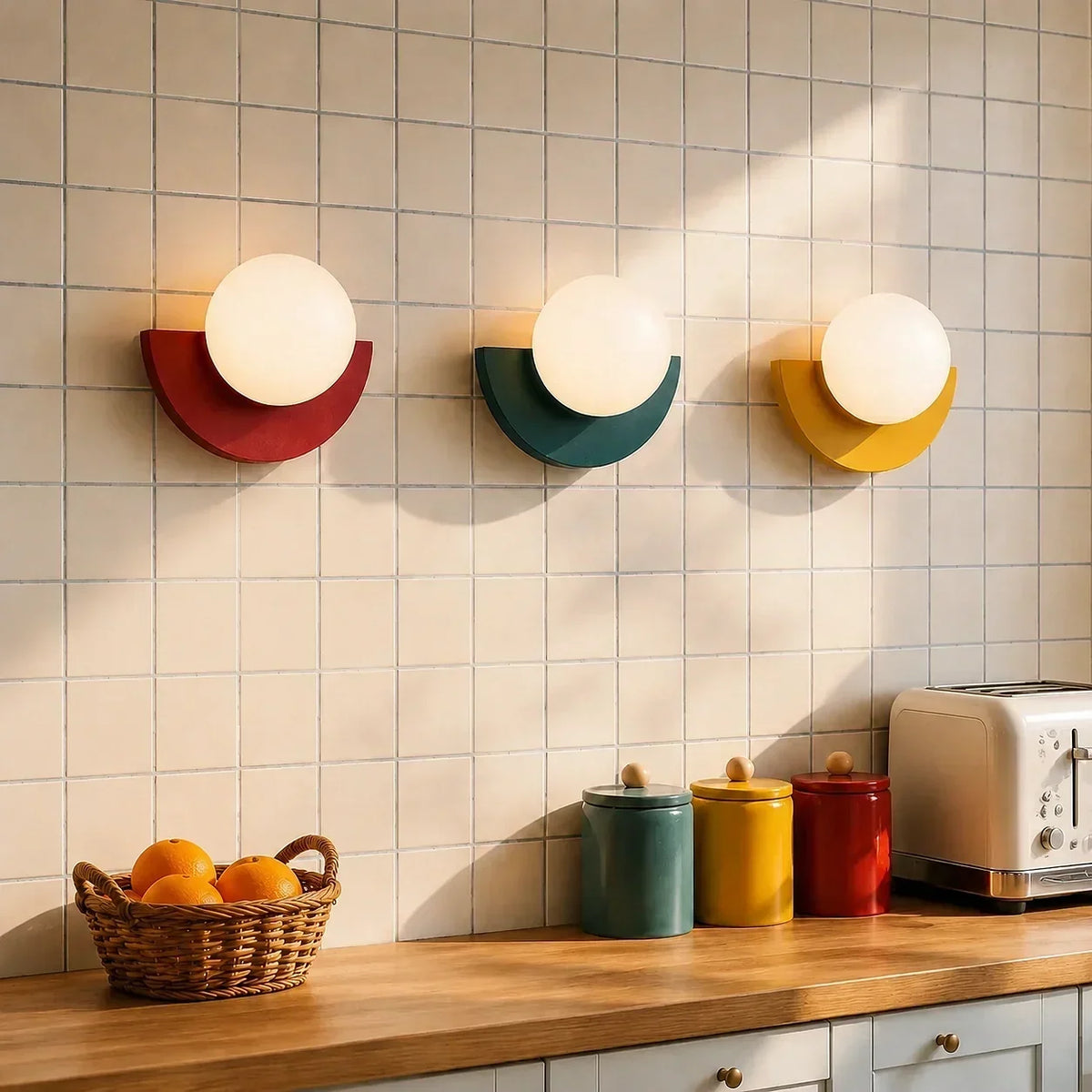 Minimalistisk vÀgglampa med fÀrgglad design pÄ en ljus vÀgg