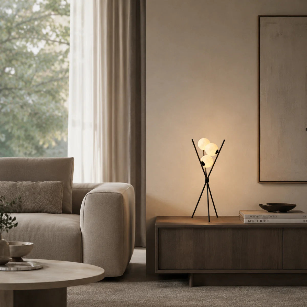 Detaljbild av tripodstativ på modern bordslampa
