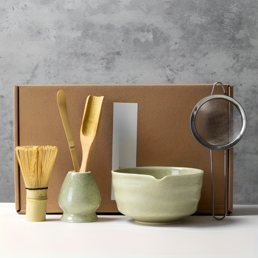 4/5/6-delars Matcha Set – Keramik & Bambus Te-Zubehör inklusive Visp & Hållare