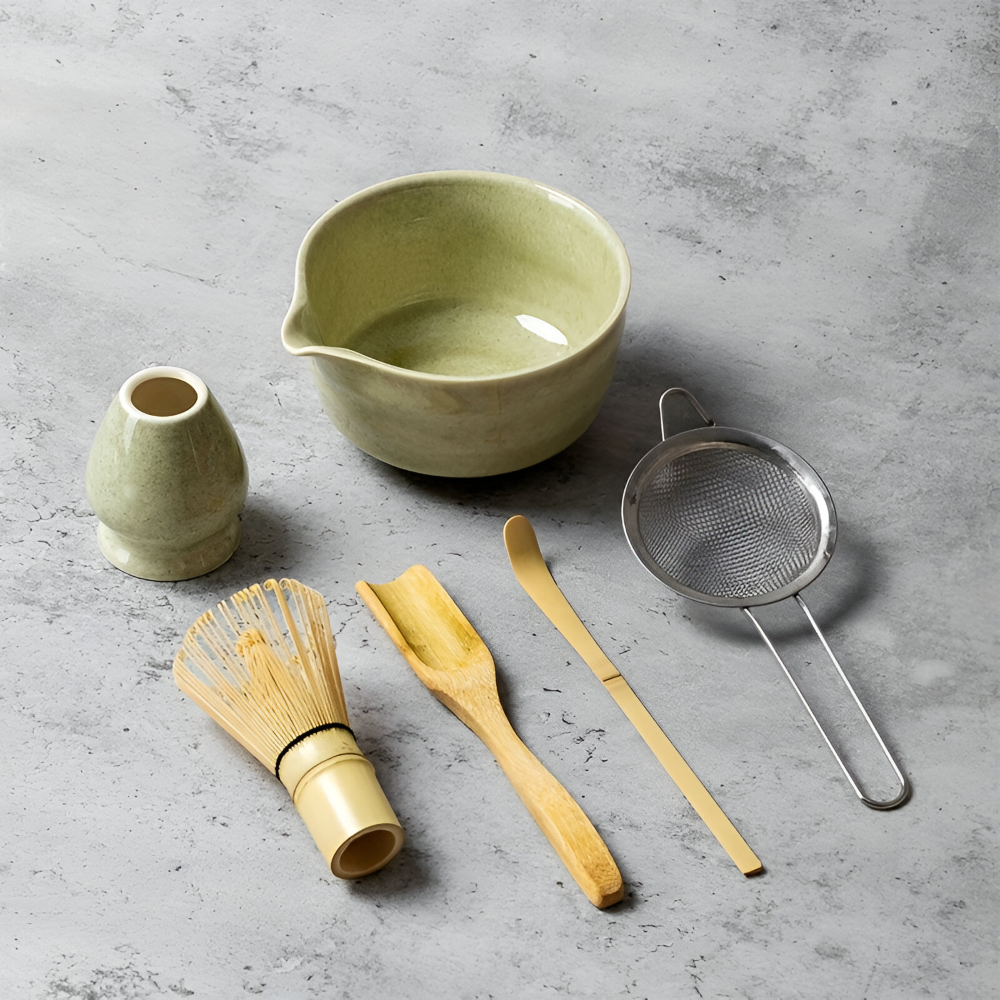 4/5/6-delars Matcha Set – Keramik & Bambus Te-Zubehör inklusive Visp & Hållare