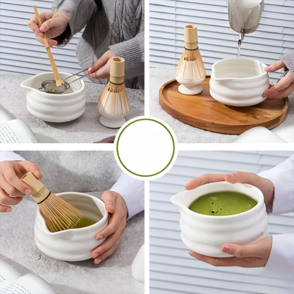 Matcha Te Set Vit 5-delat - Keramikskål 460ml, Bambusvisp (Chasen), Hållare & Sikt - Japansk Design