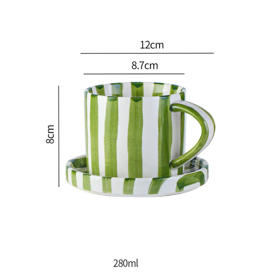 Minimalistiskt handritat kopp- och tallriksset - keramiska ränder i vitt för kaffe och te 7
