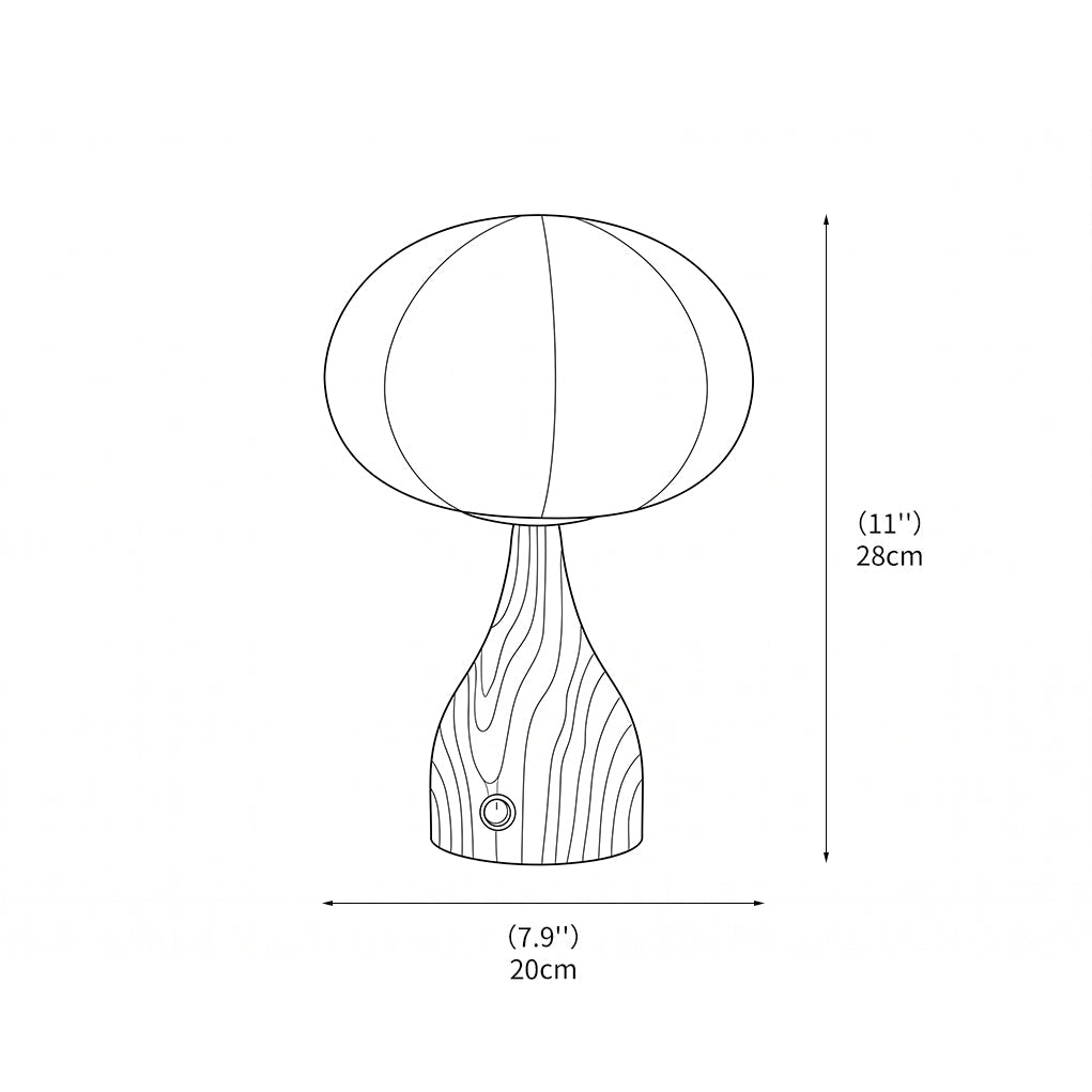 Bordslampa med glaskupa sedd framifrån på valnötsfärgad bas