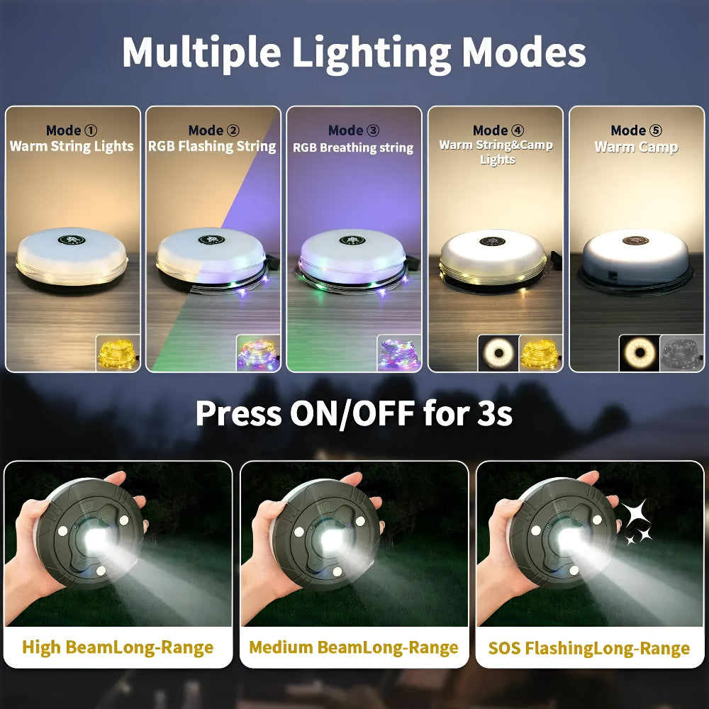 Multifunktionell Campinglampa: 4-i-1 LED-lampa, ljusslinga och powerbank för utomhusäventyr