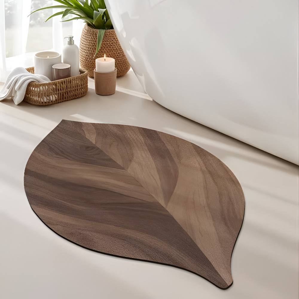 Badrumsmatta i Naturfärgat Lövverk - Vattenabsorberande och halkfri för duschar och handfat, oval, 2100 g/m²