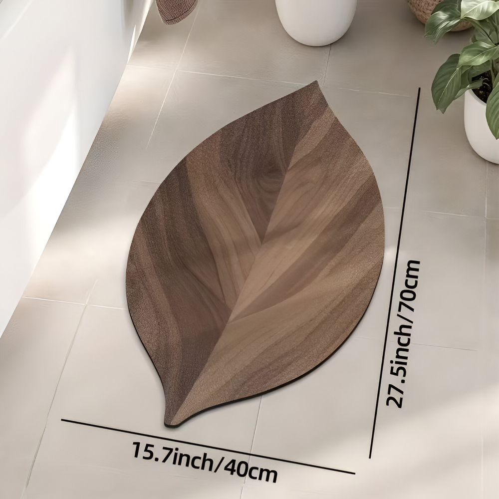 Badrumsmatta i Naturfärgat Lövverk - Vattenabsorberande och halkfri för duschar och handfat, oval, 2100 g/m²