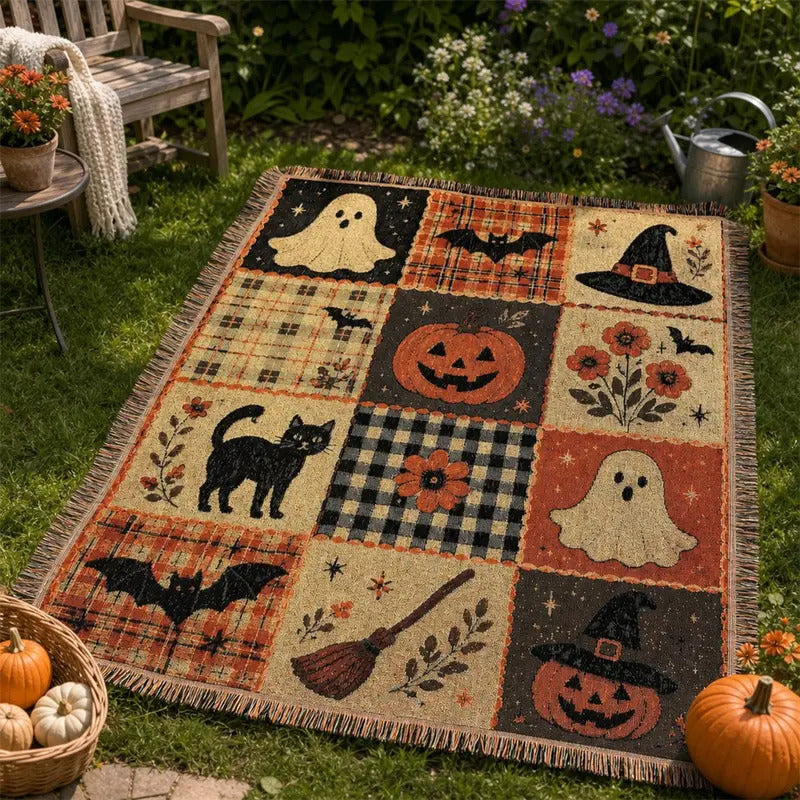 Närbild av halloweenplädens dekorativa motiv och mjuka material