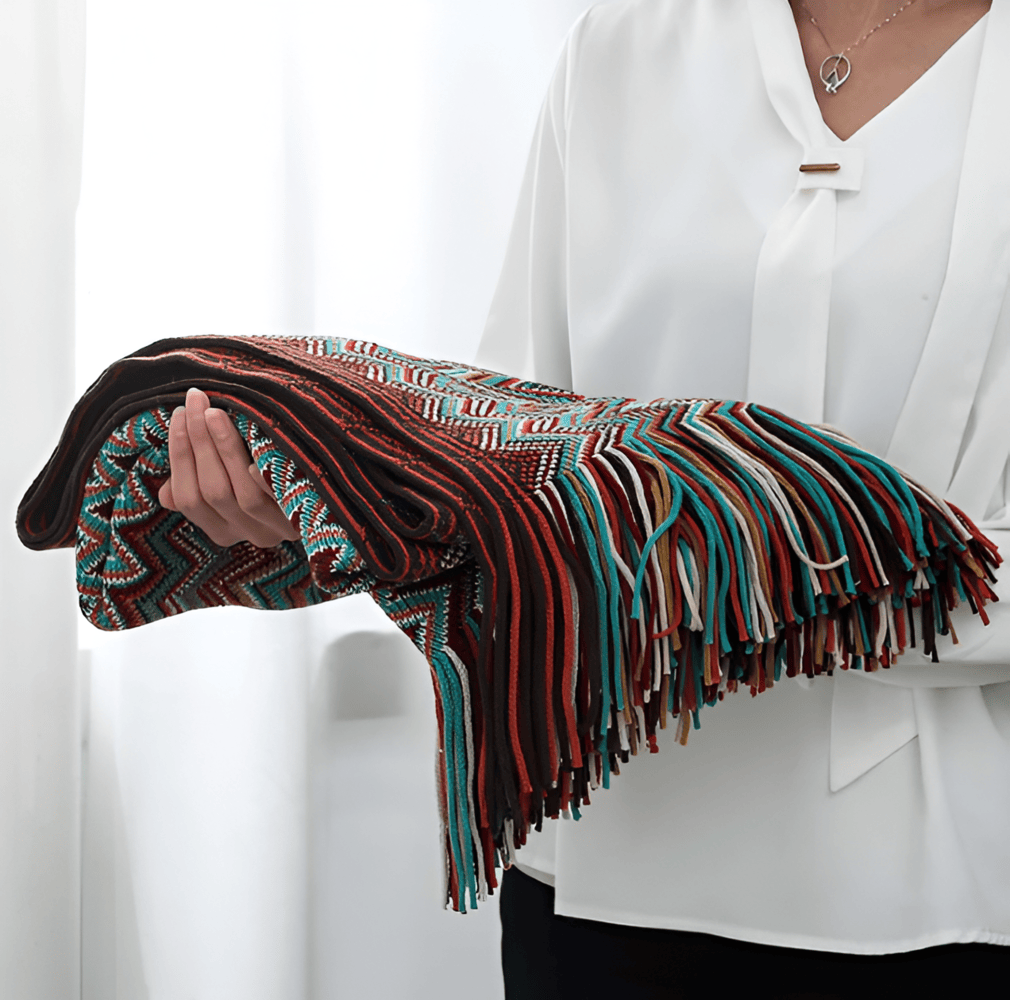 AcrylZag Plaid - Lätt Handstickad Boho-fleecefilt med Tofsdesign