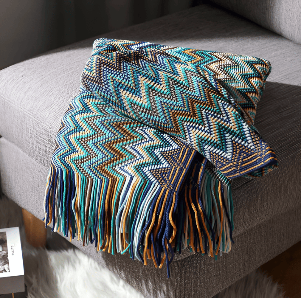 AcrylZag Plaid - Lätt Handstickad Boho-fleecefilt med Tofsdesign