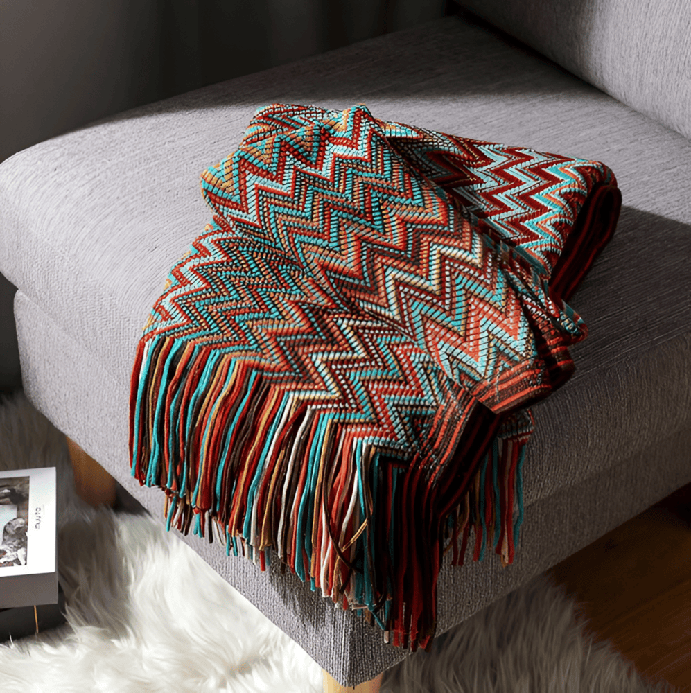 AcrylZag Plaid - Lätt Handstickad Boho-fleecefilt med Tofsdesign