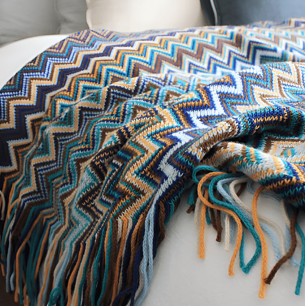 AcrylZag Plaid - Lätt Handstickad Boho-fleecefilt med Tofsdesign
