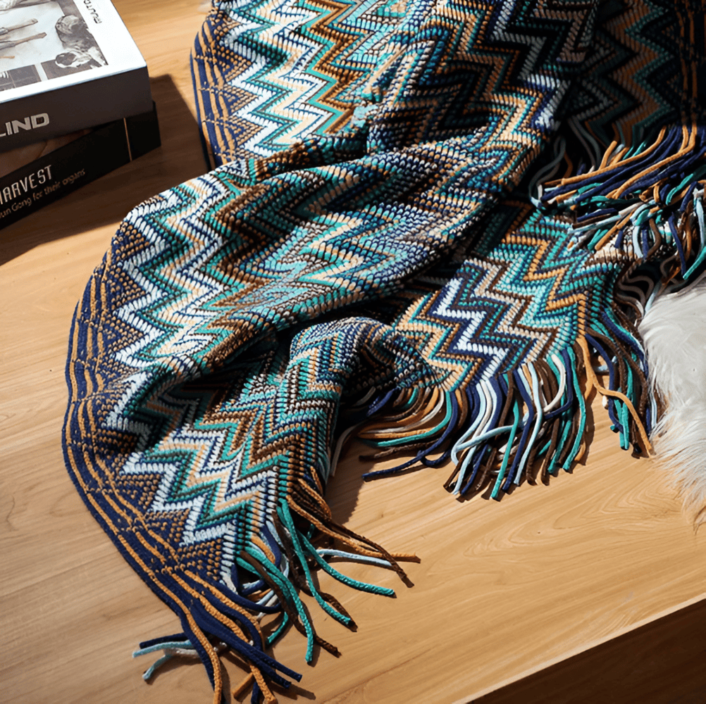 AcrylZag Plaid - Lätt Handstickad Boho-fleecefilt med Tofsdesign