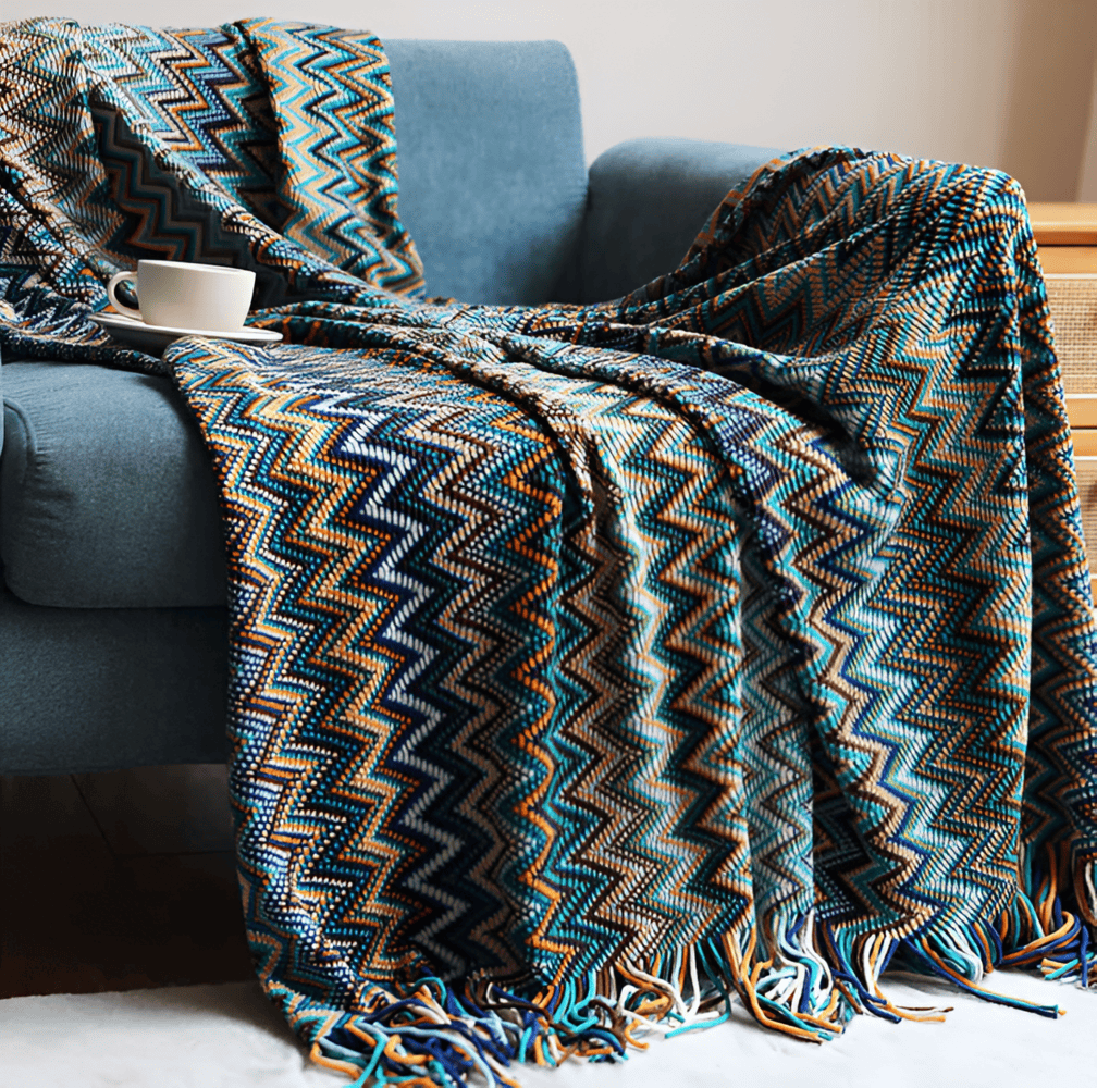 AcrylZag Plaid - Lätt Handstickad Boho-fleecefilt med Tofsdesign