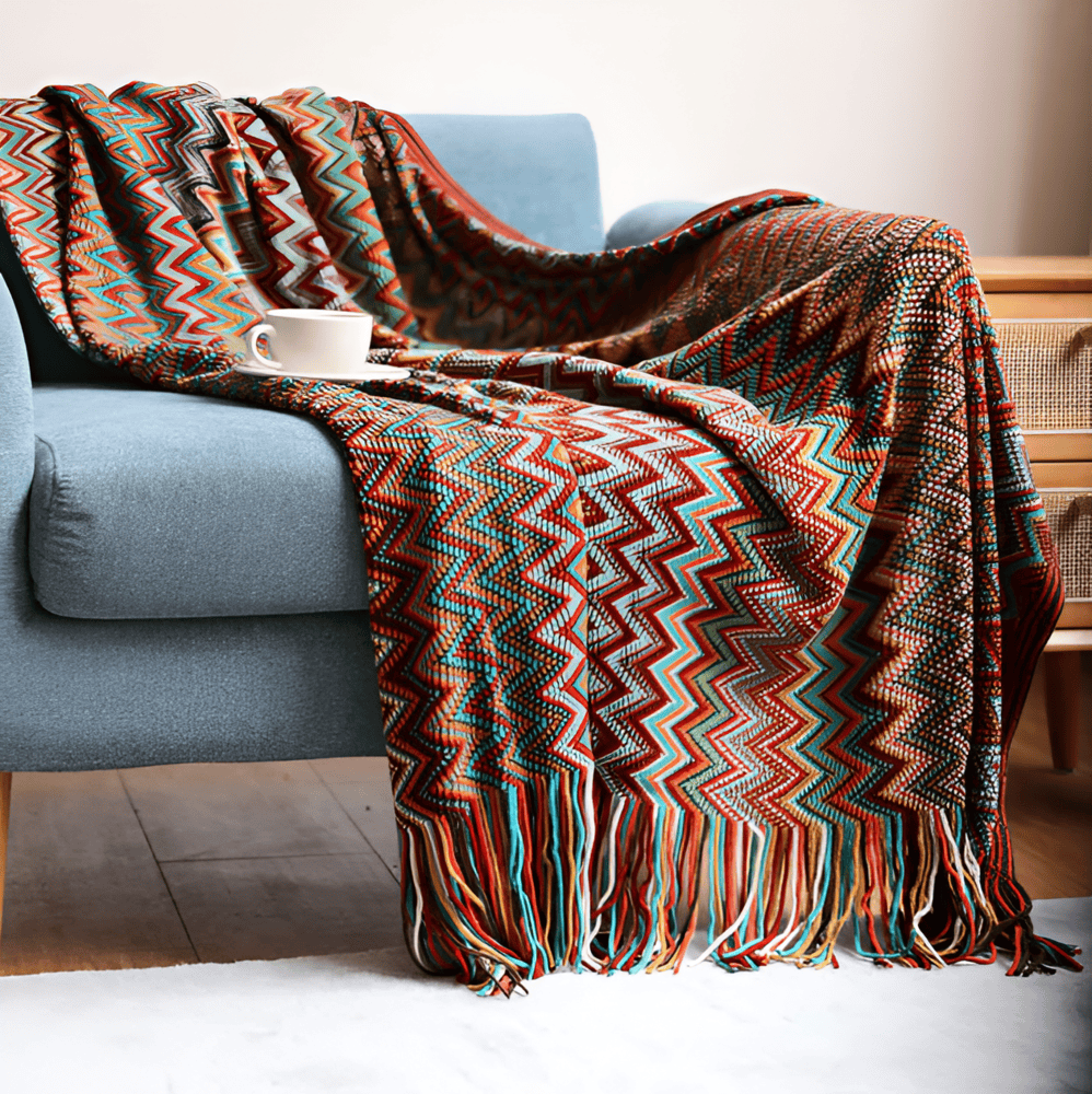 AcrylZag Plaid - Lätt Handstickad Boho-fleecefilt med Tofsdesign