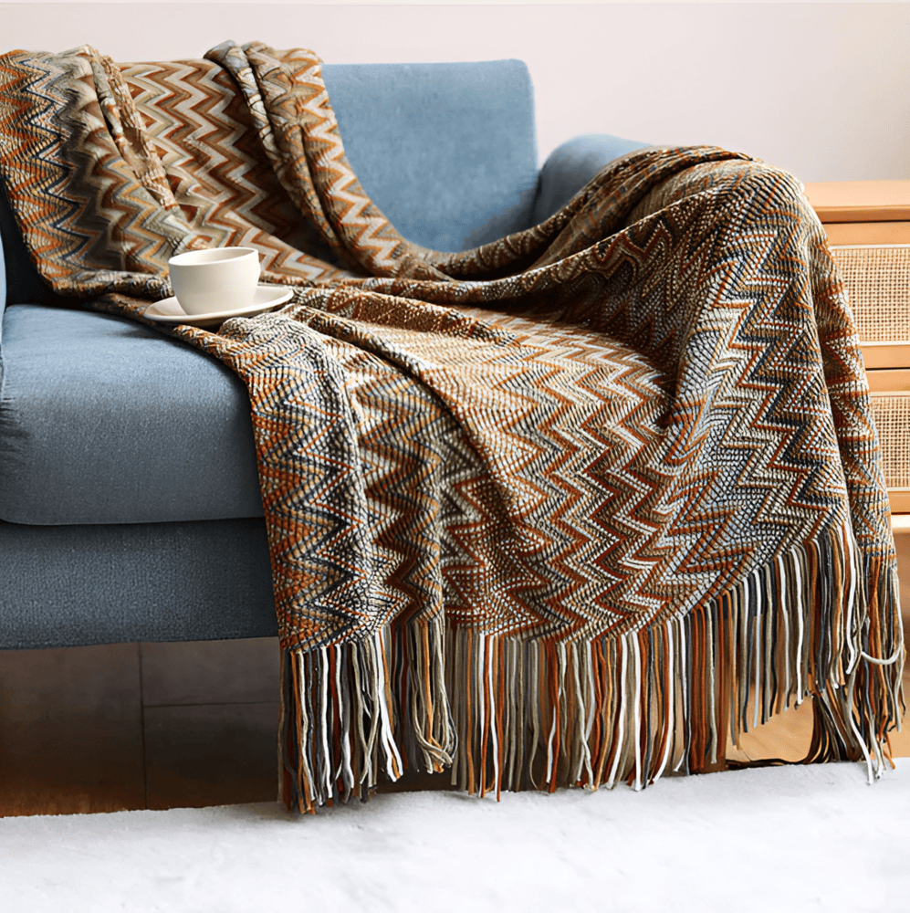 AcrylZag Plaid - Lätt Handstickad Boho-fleecefilt med Tofsdesign