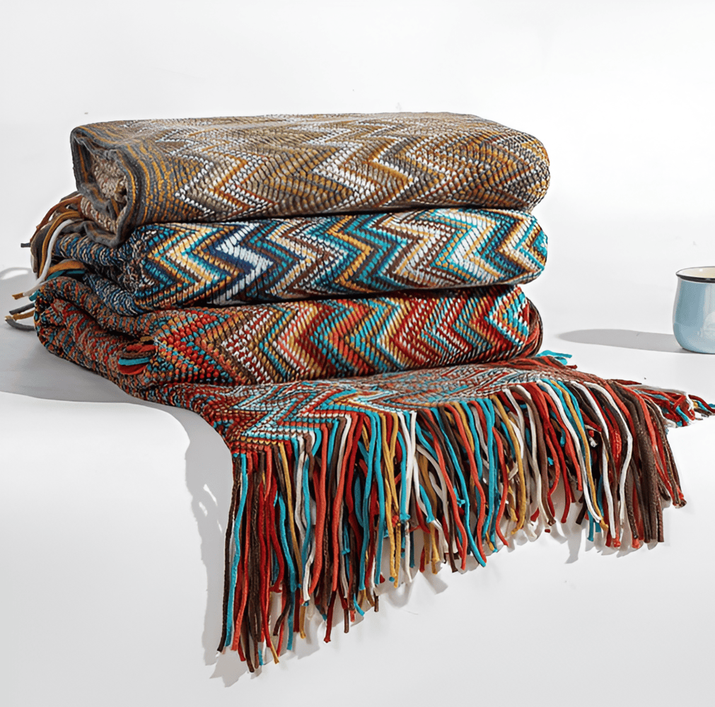 AcrylZag Plaid - Lätt Handstickad Boho-fleecefilt med Tofsdesign