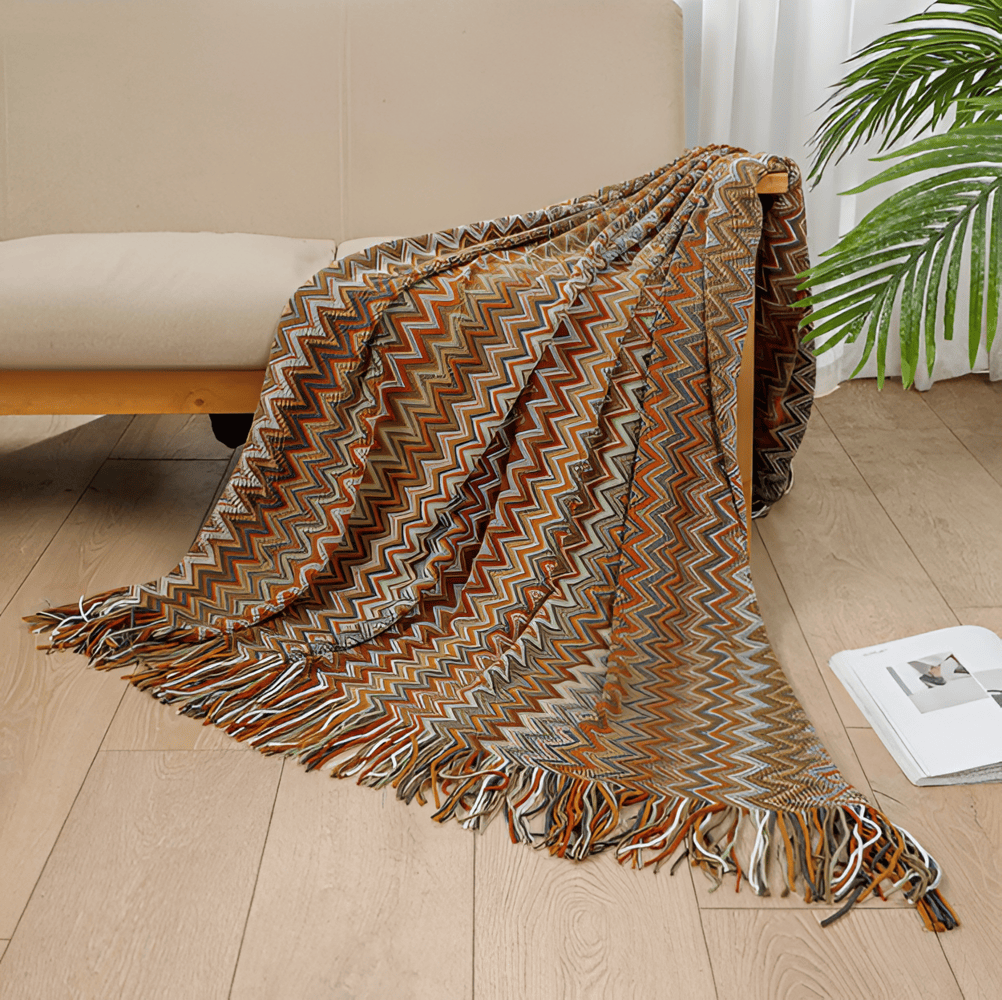 AcrylZag Plaid - Lätt Handstickad Boho-fleecefilt med Tofsdesign