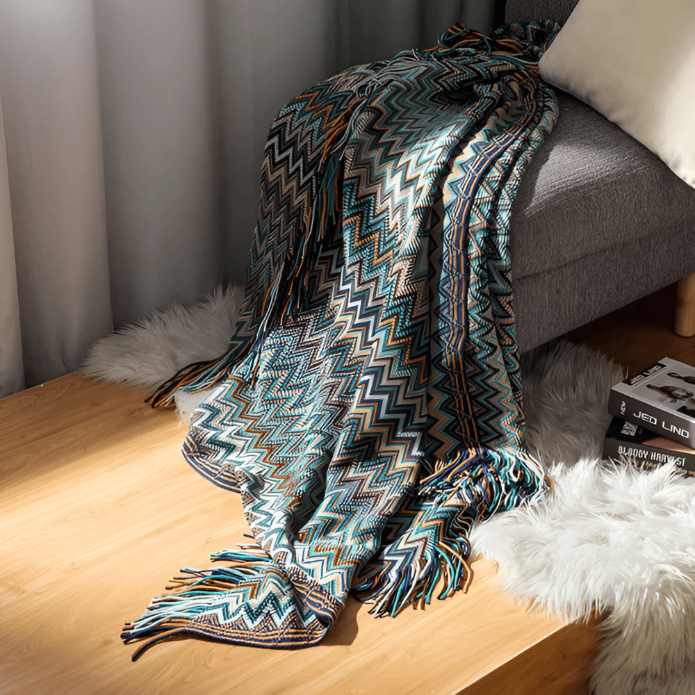 AcrylZag Plaid - Lätt Handstickad Boho-fleecefilt med Tofsdesign
