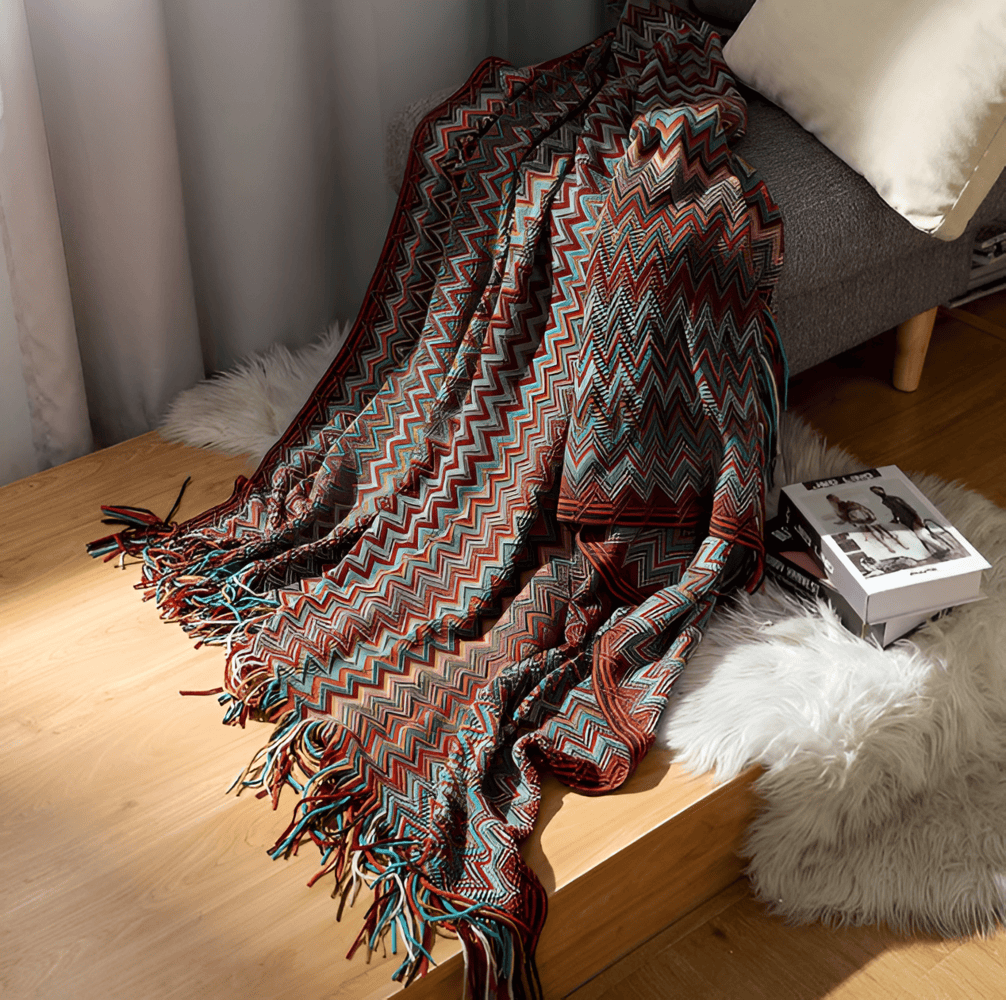 AcrylZag Plaid - Lätt Handstickad Boho-fleecefilt med Tofsdesign