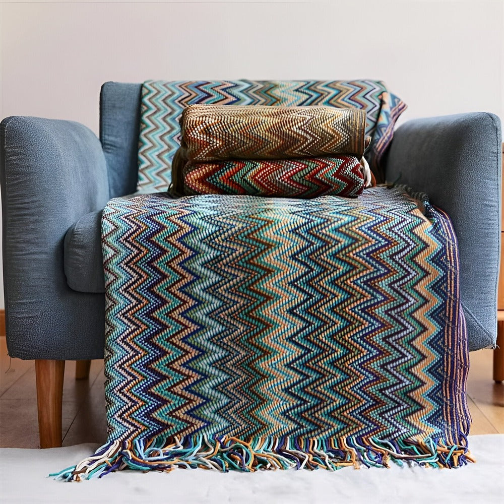 AcrylZag Plaid - Lätt Handstickad Boho-fleecefilt med Tofsdesign