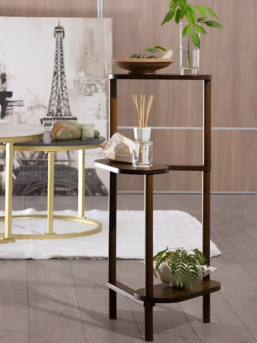 Elegant 3-stegs hörnväxtställ i bambu – vertikal blomkruka för vardagsrum, trädgård och terrass