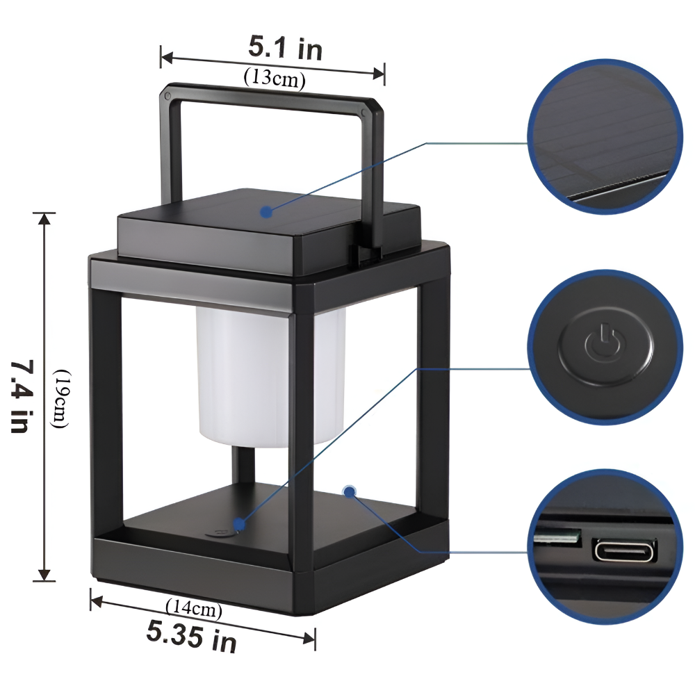 BlackQuad Lampa - Sol- & USB-Uppladdningsbar Trädgårdsbelysning - Bärbar Solarlampa för Trädgården