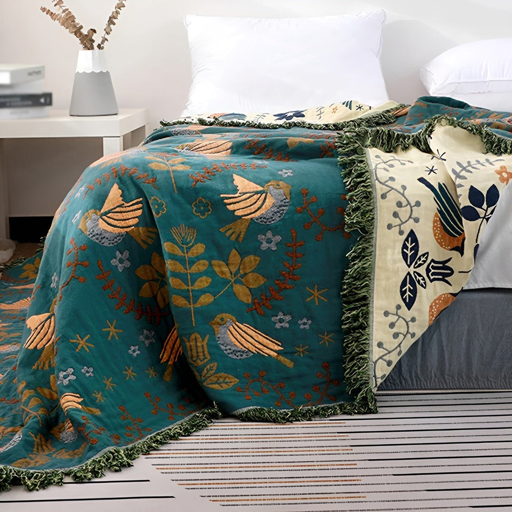 Bohofilt - Vändbar Broderad Bomullsfilt med Fåglar och Blommor
