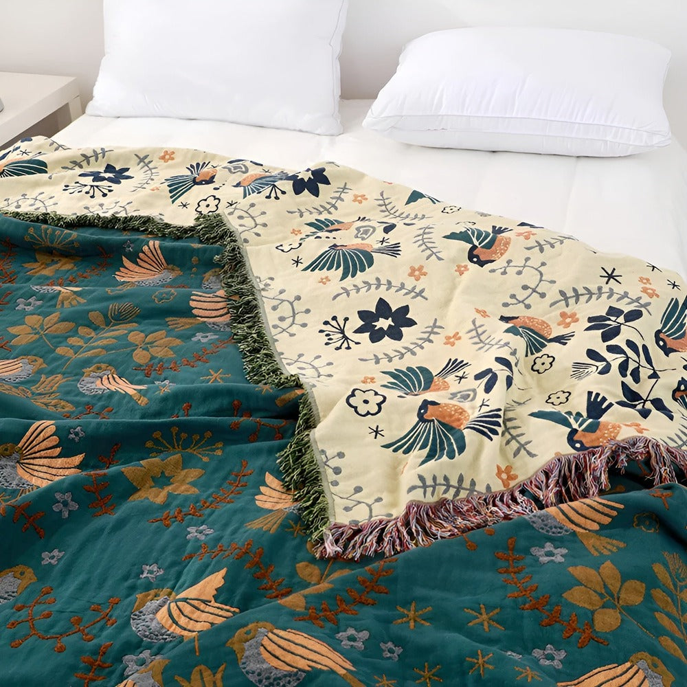Bohofilt - Vändbar Broderad Bomullsfilt med Fåglar och Blommor