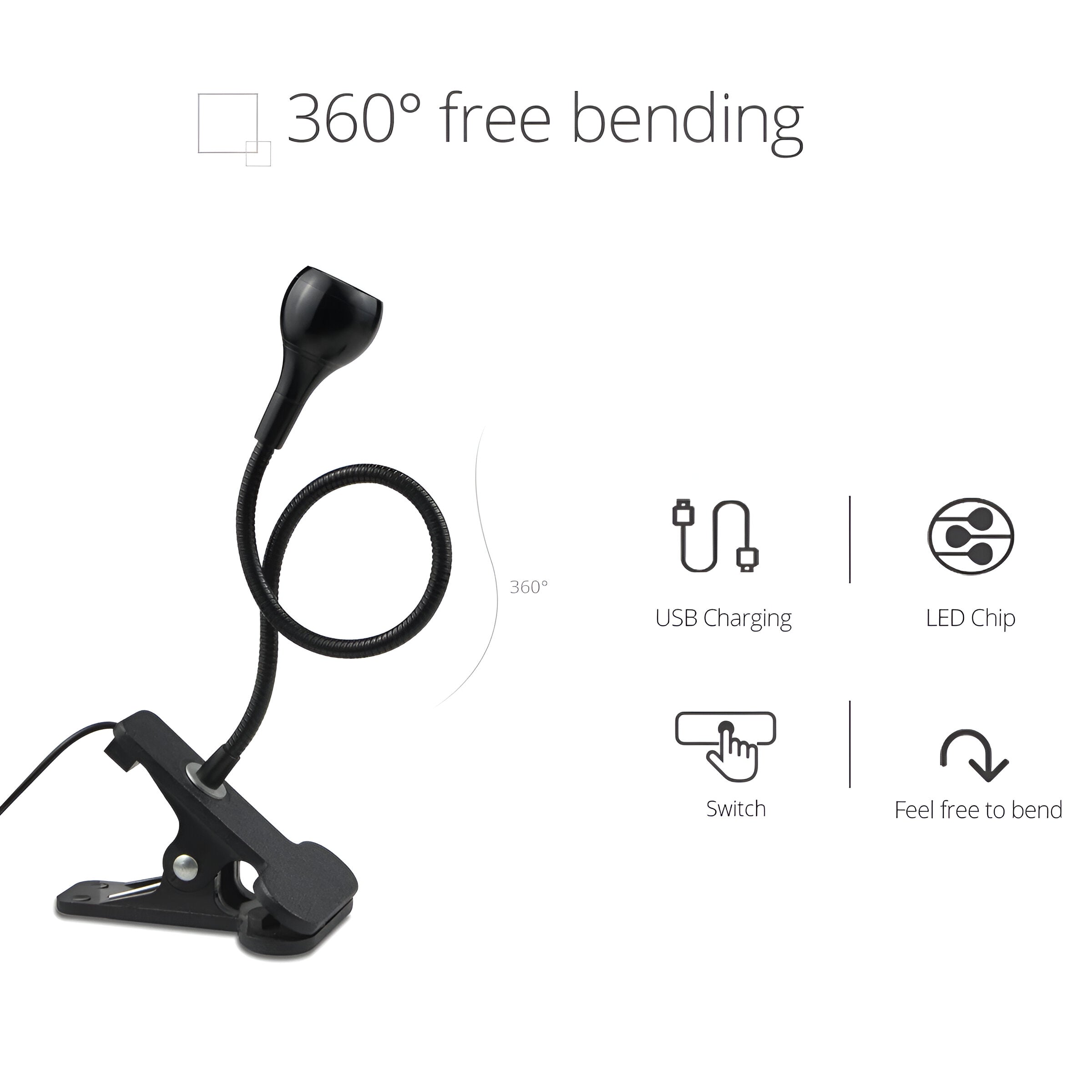 ClipNGlow Skrivbordslampa - 360° Roterbar, USB-driven, Flexibel Skrivbordslampa