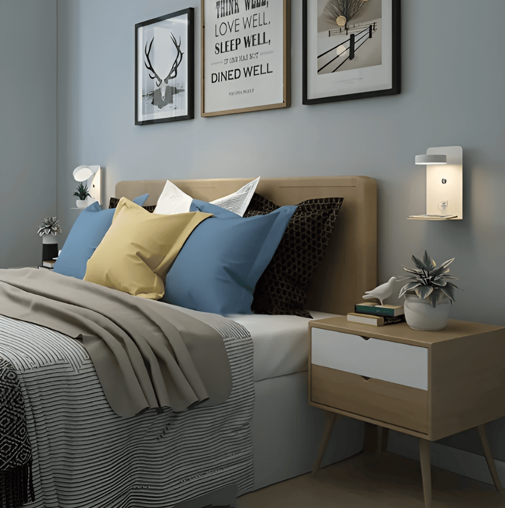 DualDelight - LED-Sängvägglampa i Aluminium med Hylla och USB-Laddningsinterface
