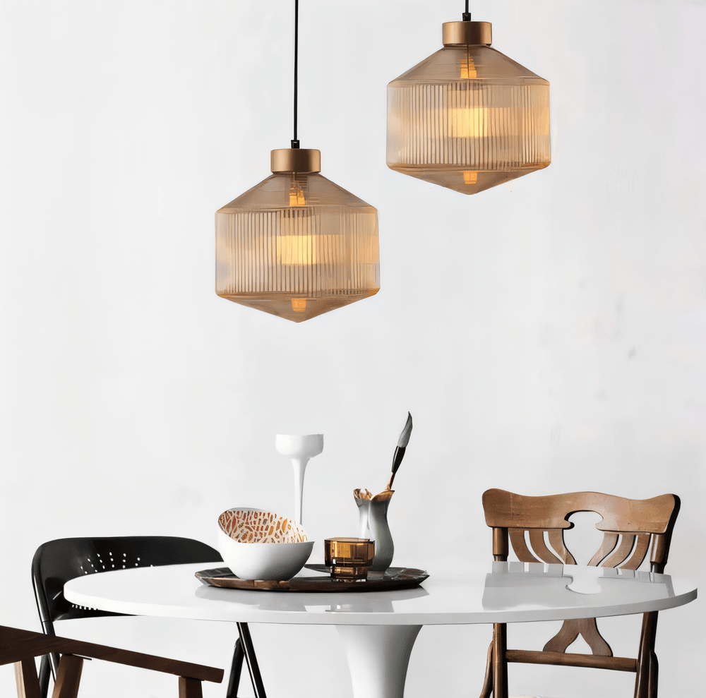 GeomGlass Taklampa - Vintage Rökgrå och Bärnstensfärgad Taklampa med Ribbor