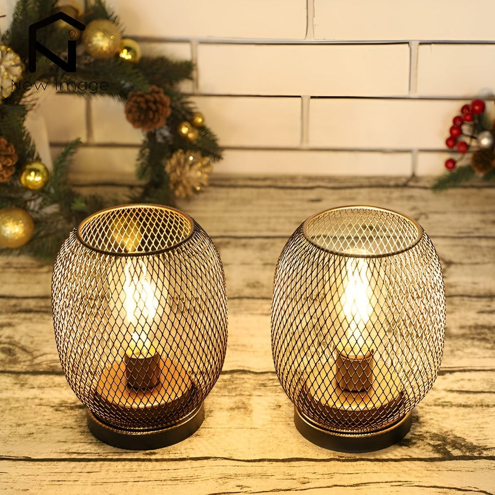 IronGlow - Bordslampa med Metallbur- Batteridriven LED-lykta (2-Pack)