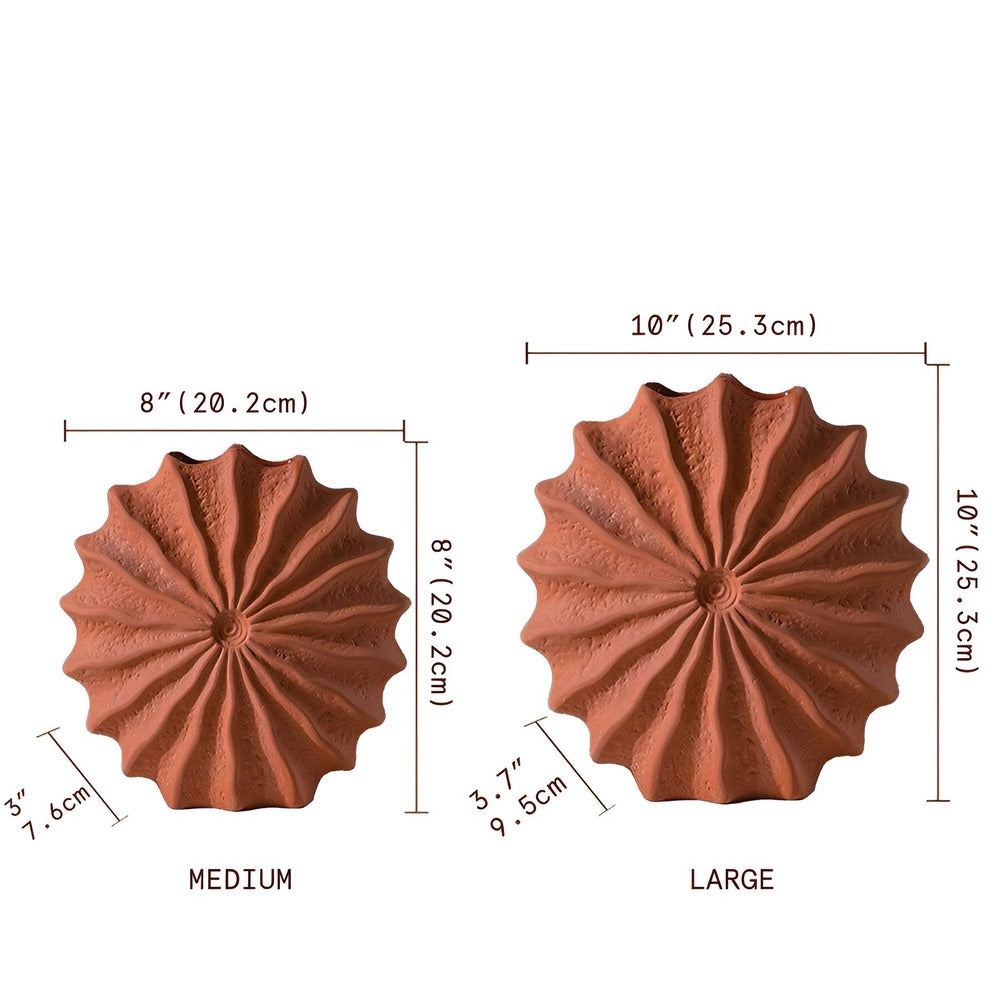 Rustik Röd Plisserad Keramikvas - Geometrisk Blomkruka i Terrakotta