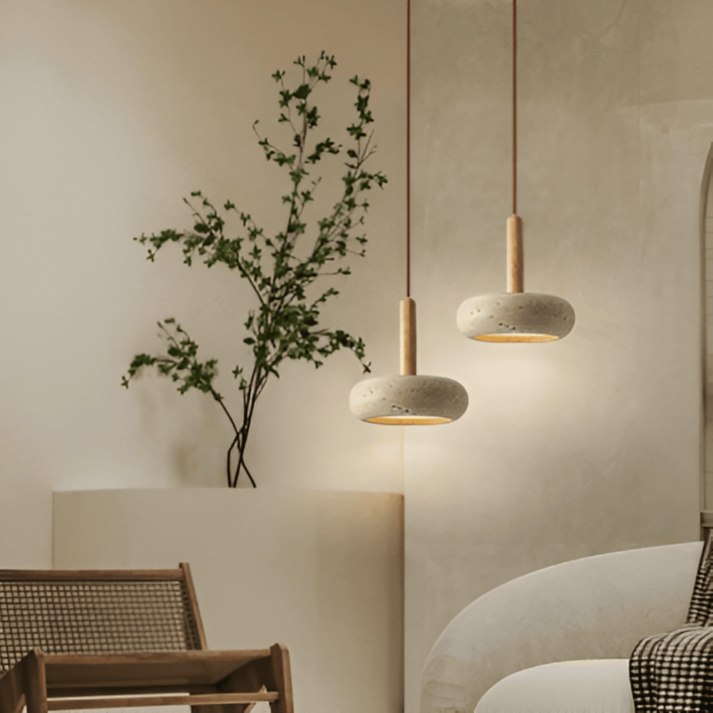Krämfärgad Travertin Pendellampa - Rund Taklampa - Retro Pendellampa