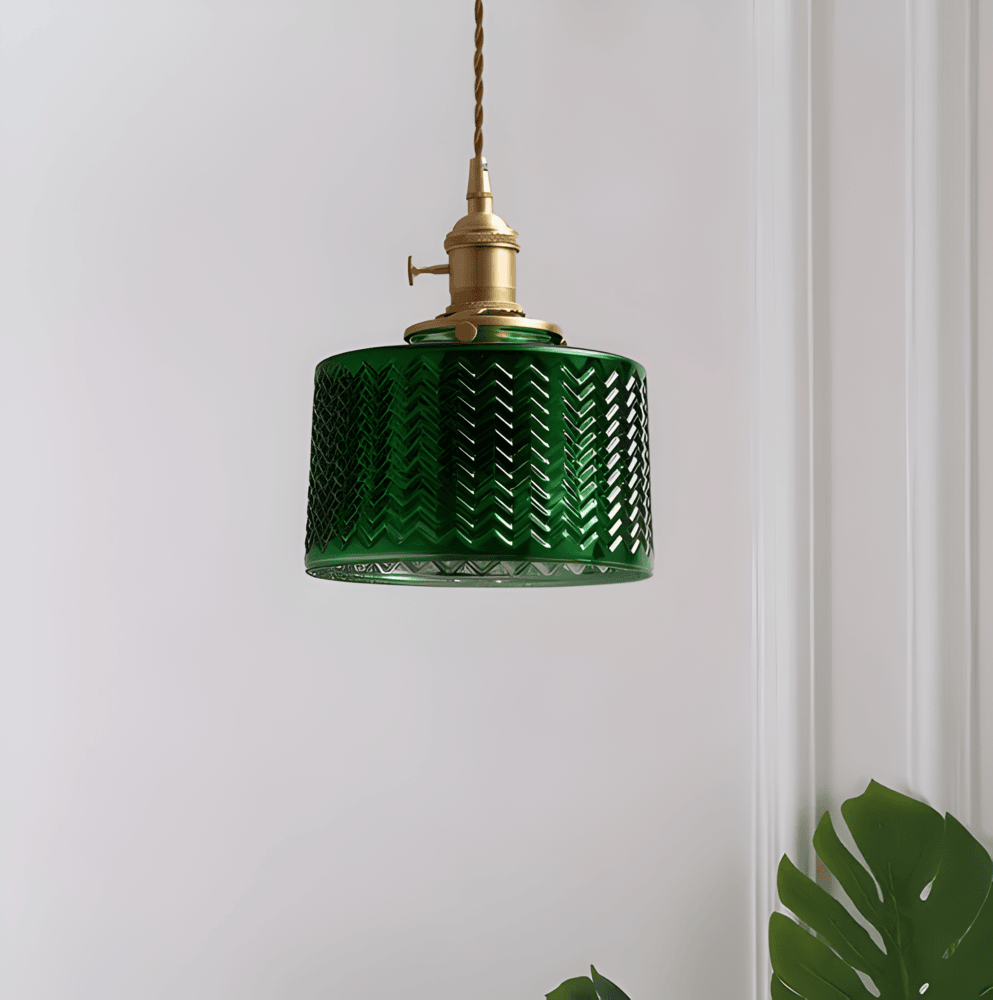 LuxurGreen - Pendellampa i Glas - Nordisk Räfflad Geometrisk Hänglampa