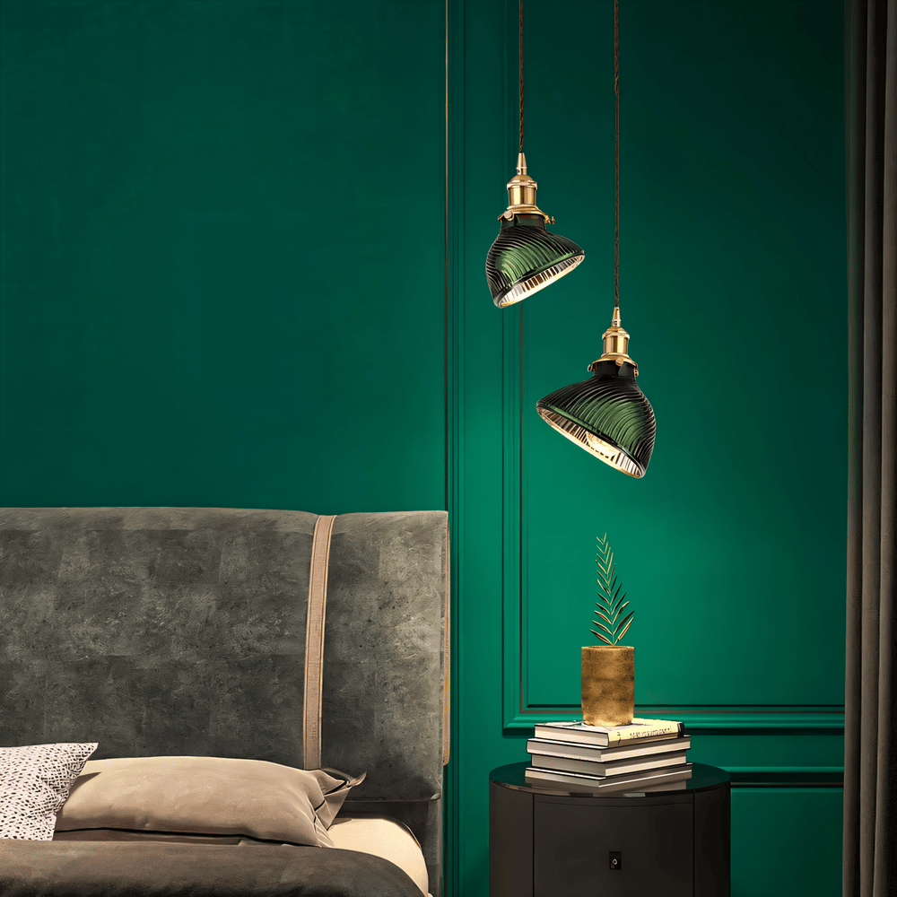 LuxurGreen - Pendellampa i Glas - Nordisk Räfflad Geometrisk Hänglampa