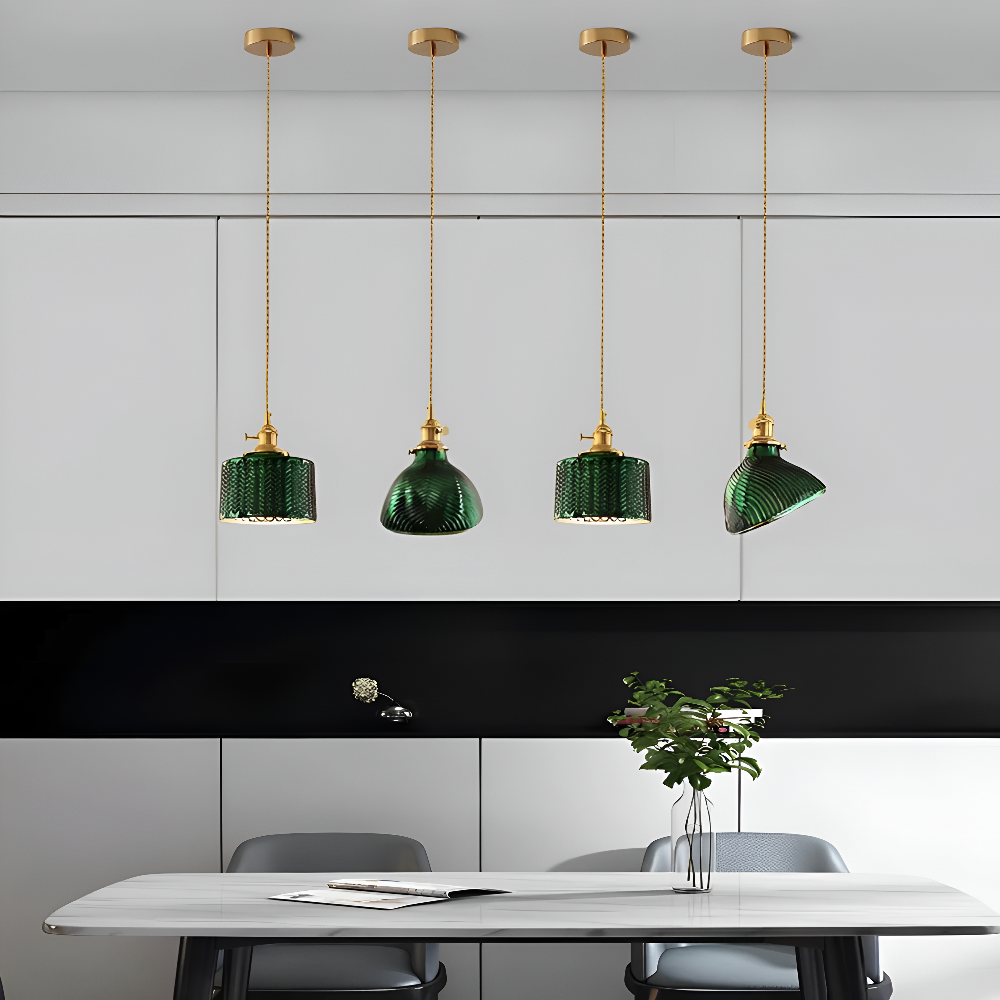 LuxurGreen - Pendellampa i Glas - Nordisk Räfflad Geometrisk Hänglampa