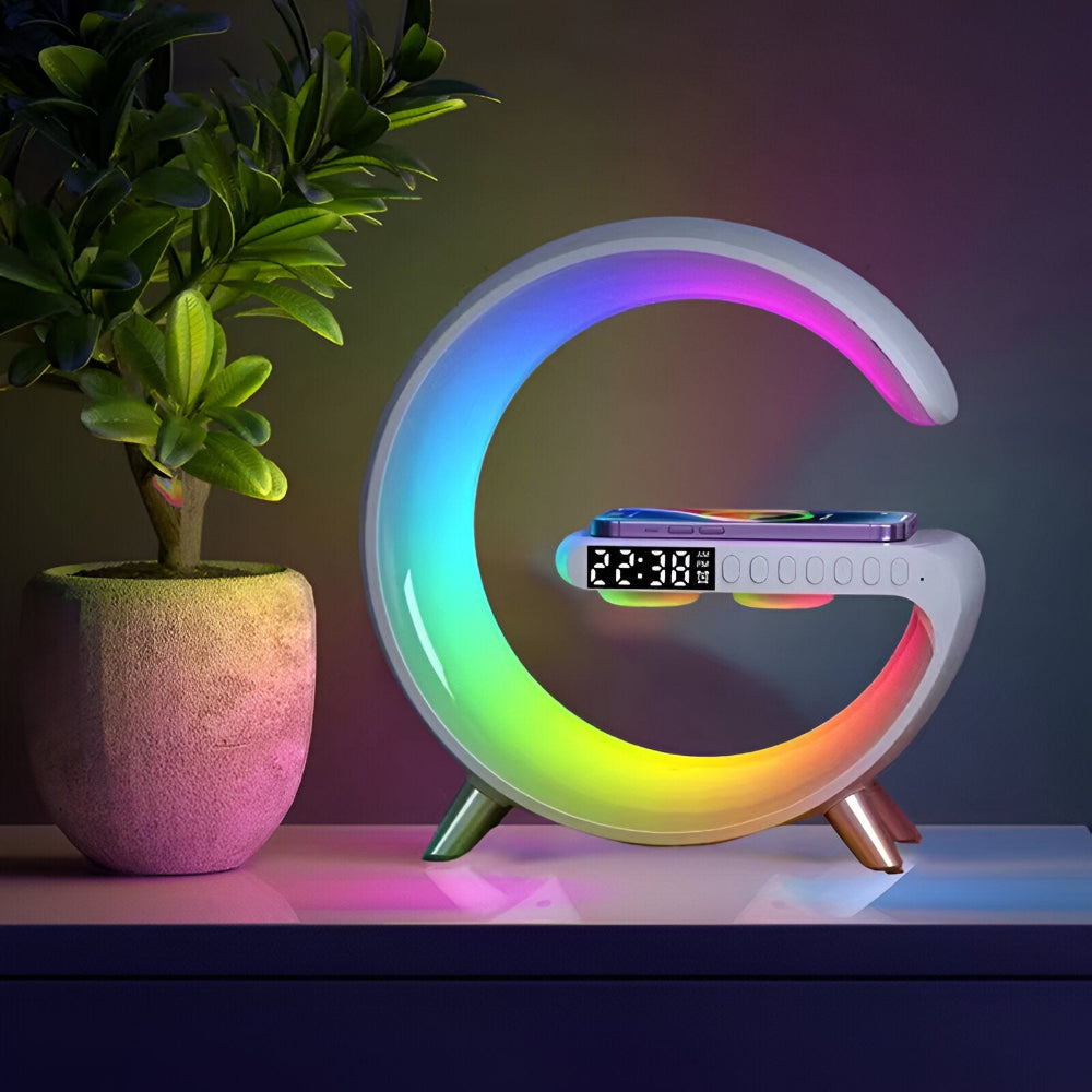 SmartiShine - Stilig G-formad nattlampa - Multifunktionell trådlös laddstation med klocka