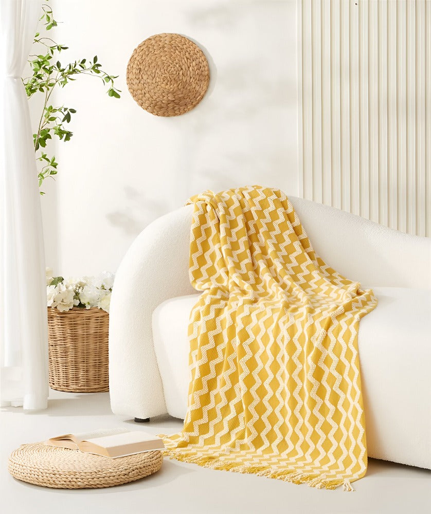 Wavi Plaid - Bohemisk Mysig Geometrisk Stickad Fleece Filt