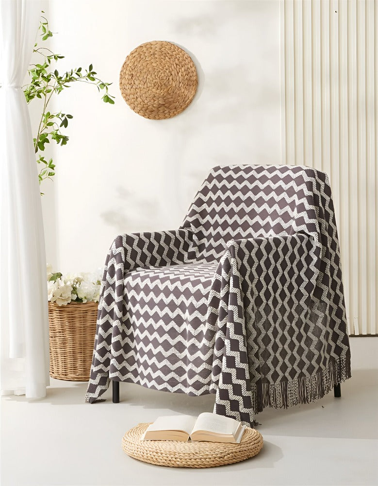 Wavi Plaid - Bohemisk Mysig Geometrisk Stickad Fleece Filt