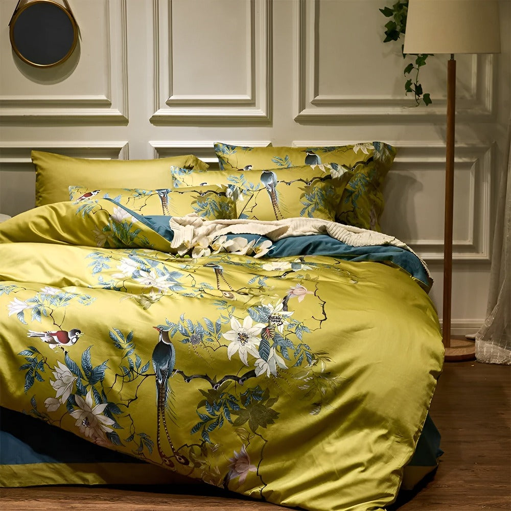 YellowSilk Påslakan - Blommigt Sängklädeset med Fågel - och Växtmotiv